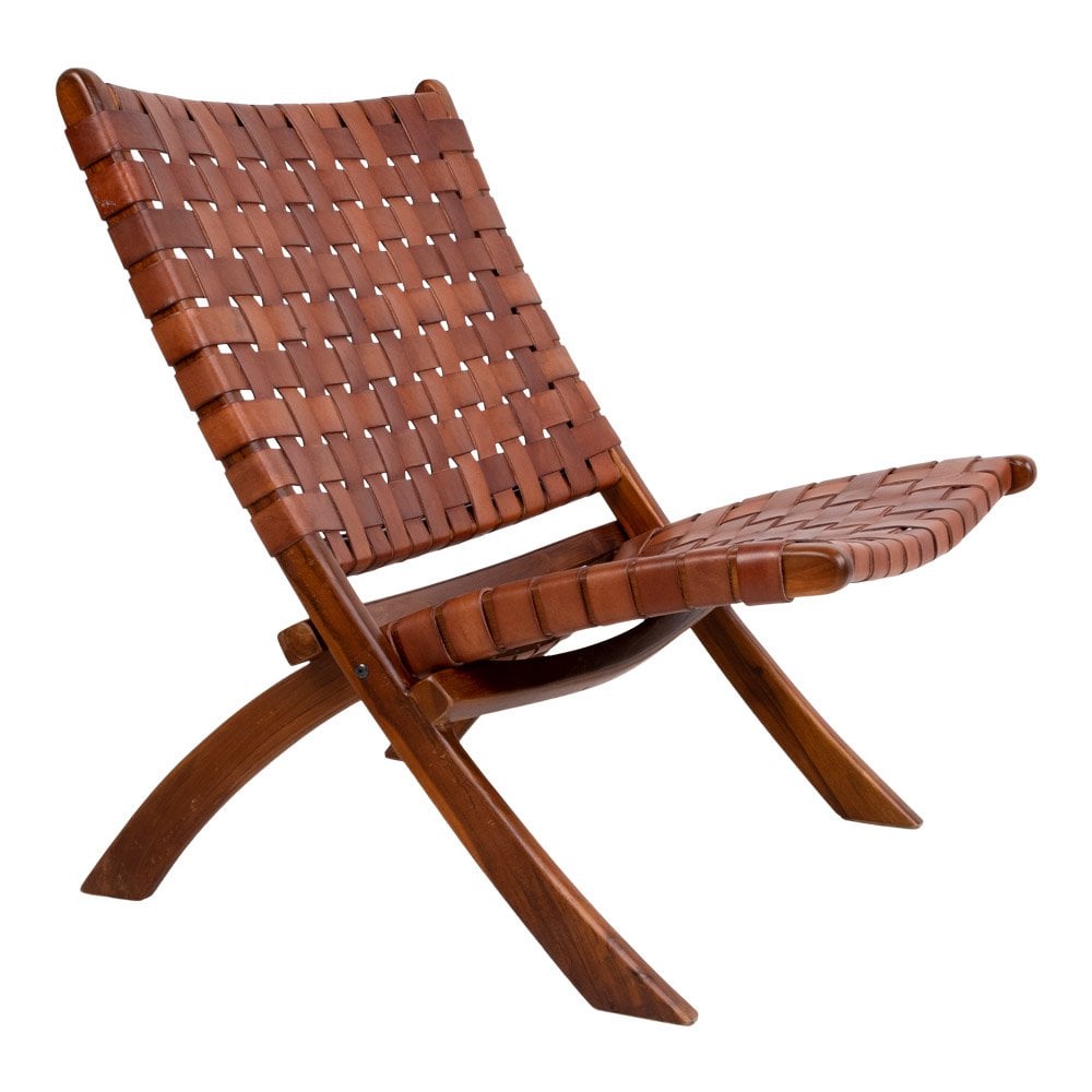 Teak Wood Folding Chair - Brown Leather Seat, 66x74x73 cm