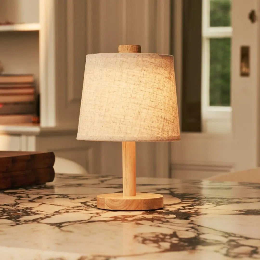Wooden Cordless Table Lamp – Light Brown Rechargeable Linen Rover