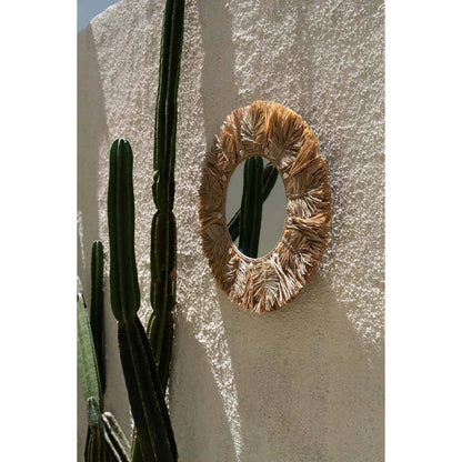 Raffia Palm Tree Wall Mirror – Natural Cowrie Shell Decor, Medium