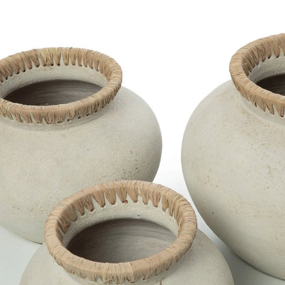 Concrete Vase with Raffia – Natural Stone Finish, Large Size