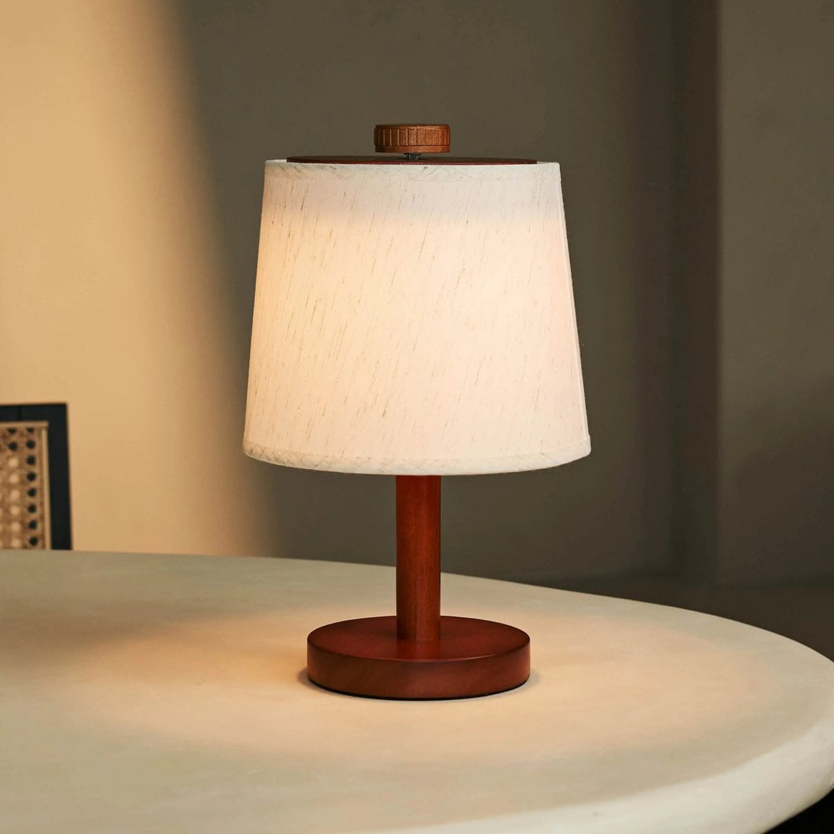 Rover Chestnut Brown Wooden Rechargeable Lamp | Cordless, Dimmable & Linen Blend