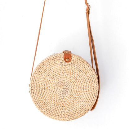 Rattan Crossbody Bag - Beige Boho Bali Bag with Leather Straps
