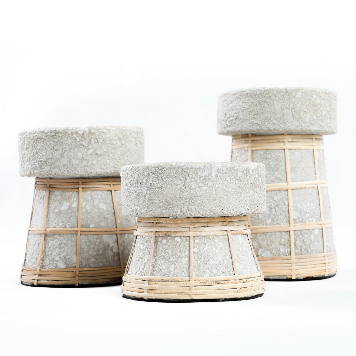 Concrete Tea Light Holder - Natural Rattan Grid Design - Medium