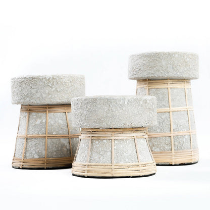 Concrete Tea Light Holder - Natural Rattan Grid Design - Medium