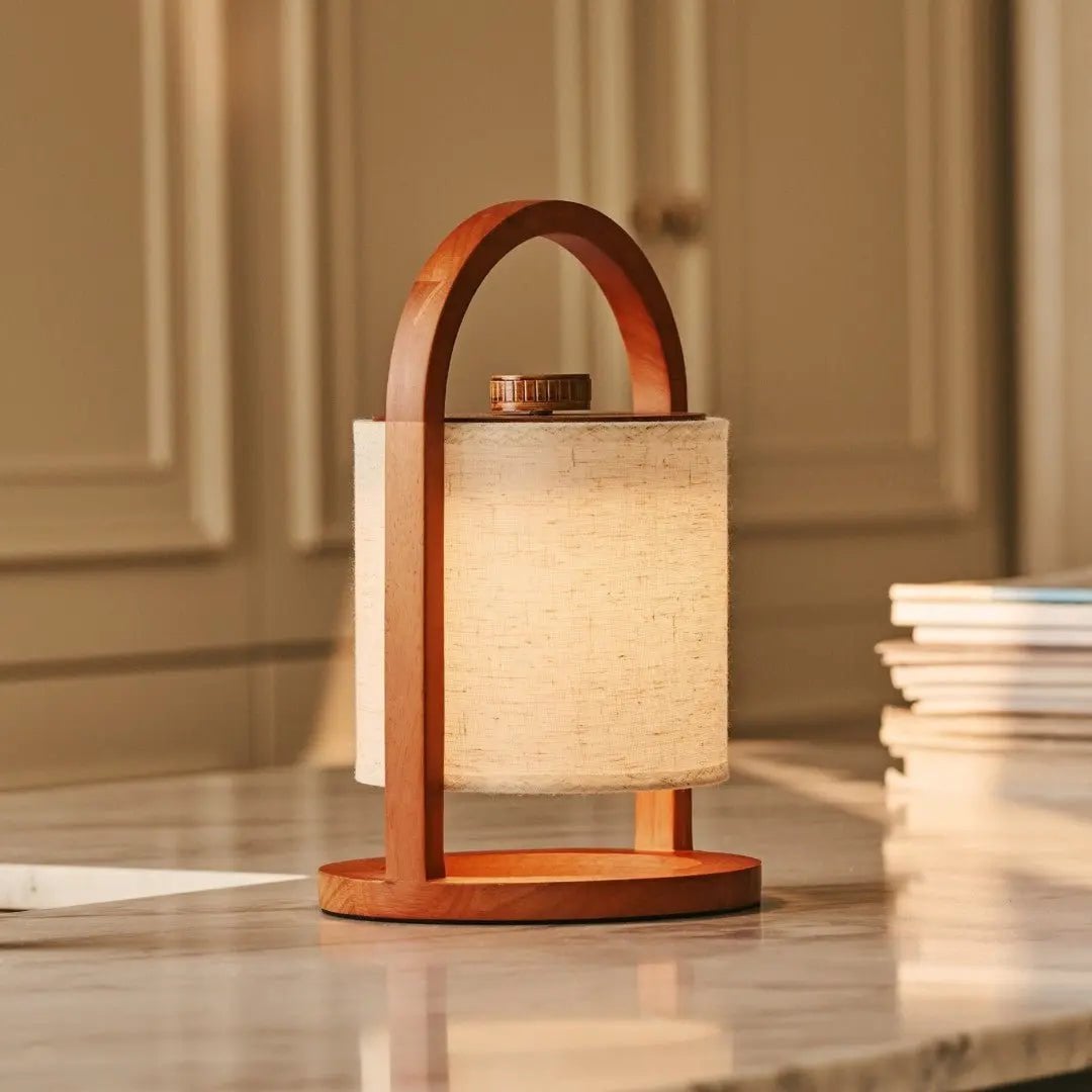 Wooden Rechargeable Table Lamp - Chestnut Brown Linen Blend, 27cm