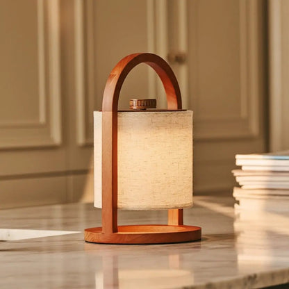 Wooden Rechargeable Table Lamp - Chestnut Brown Linen Blend, 27cm