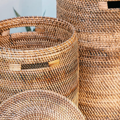 Rattan Laundry Basket with Lid - Boho Woven Storage - Brown