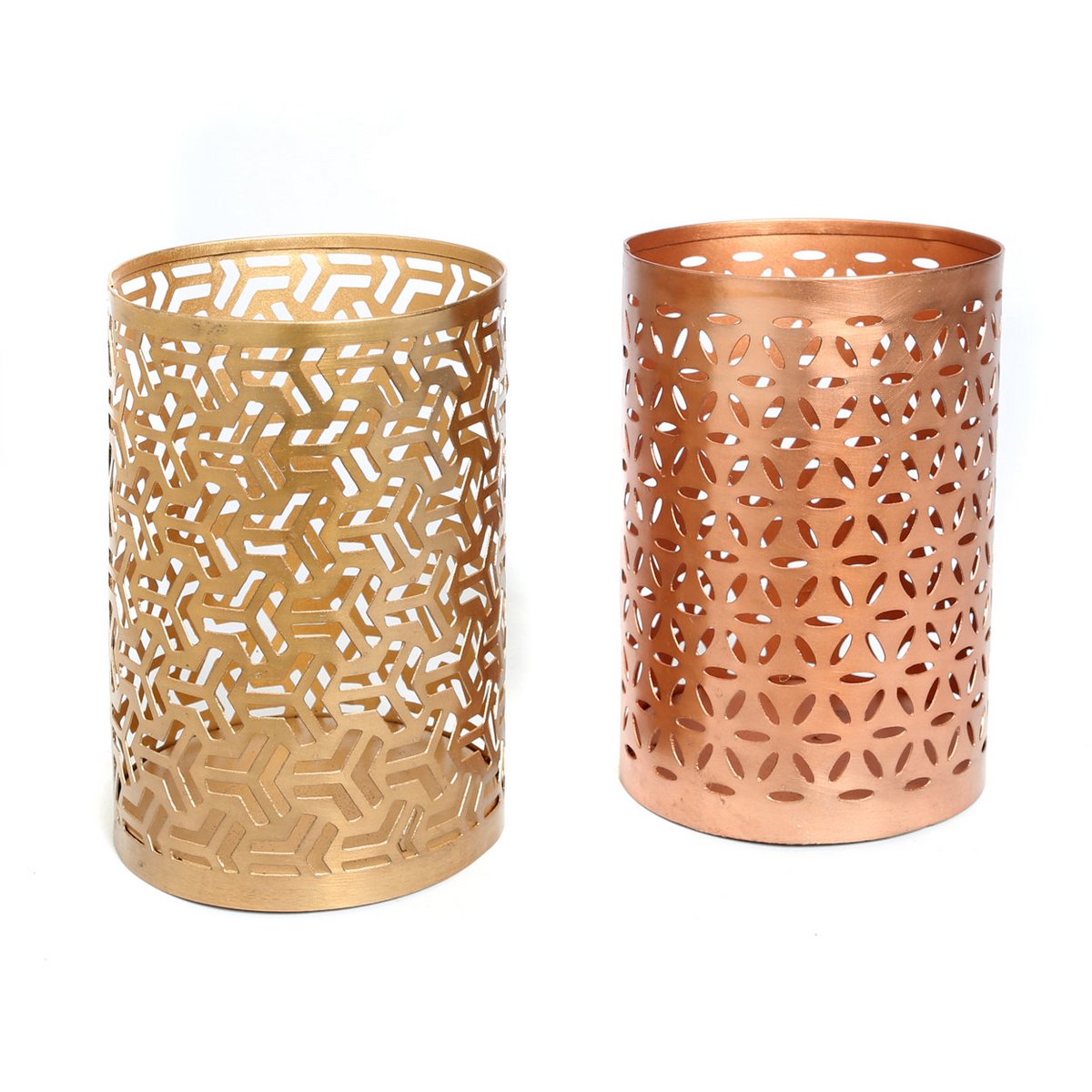 Gold Metal Tea Light Holder - Hollow Zigzag Design, Medium