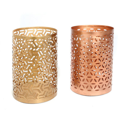 Gold Metal Tea Light Holder - Hollow Zigzag Design, Medium
