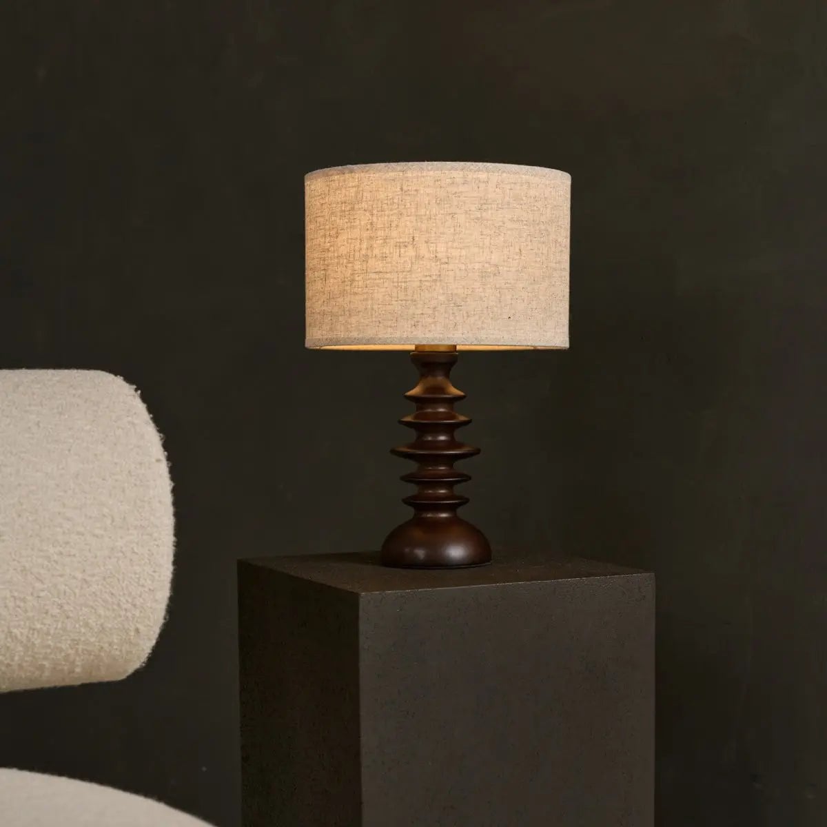 Bodhi Dark Brown Wooden Lamp with Beige Lampshade – Elegant Lighting for Any Room