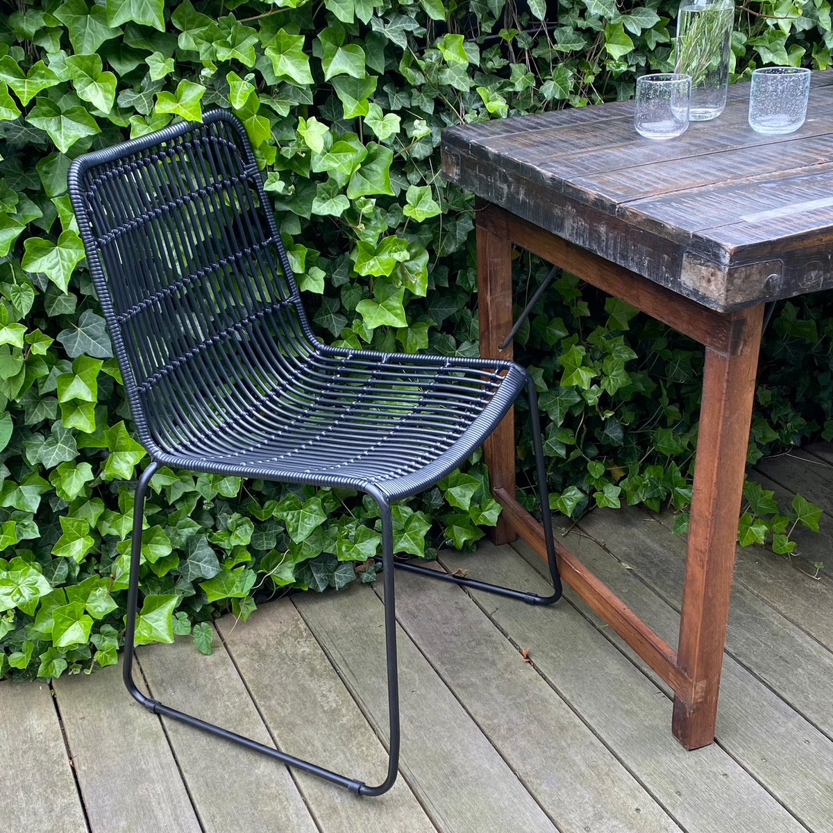 Rattan Garden Chair - Slim Black Metal Frame Outdoor Seating