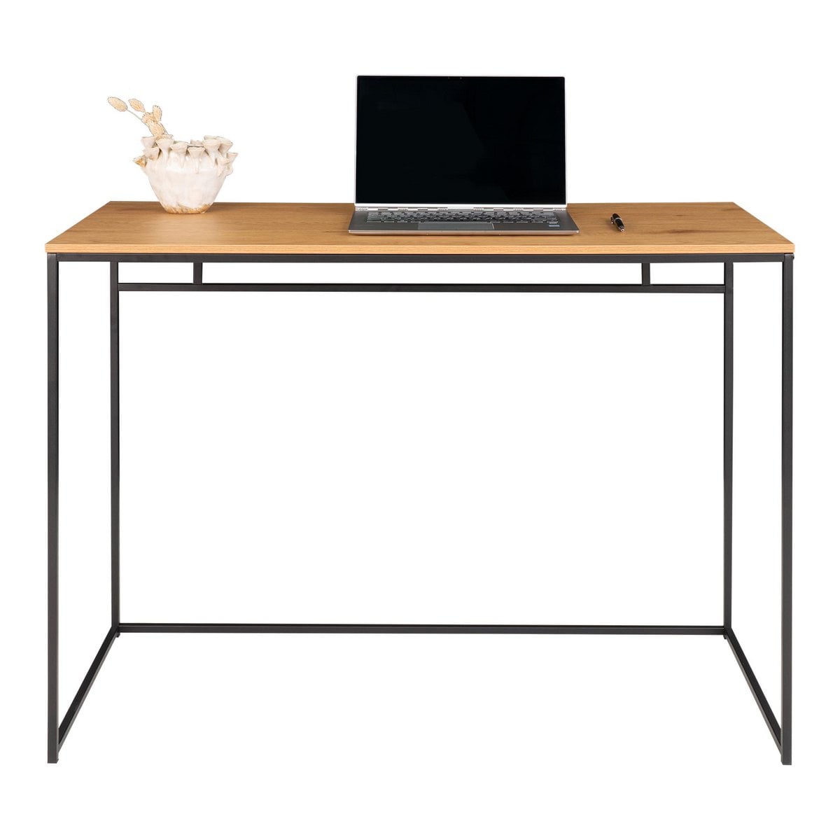 Oak Look Desk Black Metal Frame - Modern Home Office 100x45cm