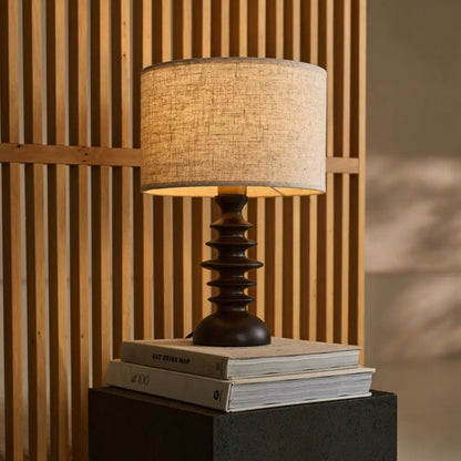 Bodhi Dark Brown Wooden Lamp with Beige Lampshade – Elegant Lighting for Any Room