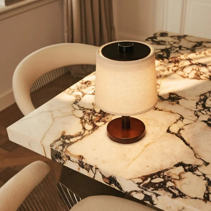 Rover Dark Brown Wooden Rechargeable Lamp | Cordless, Dimmable & Linen Blend