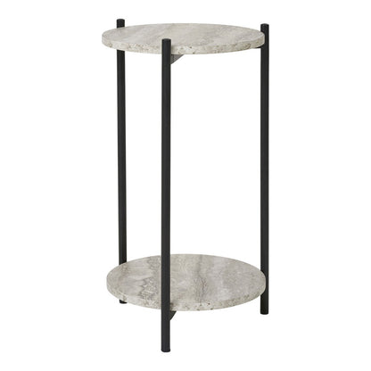 Steel Side Table - Black & Beige Travertine-Look Accent Table, 27x46cm
