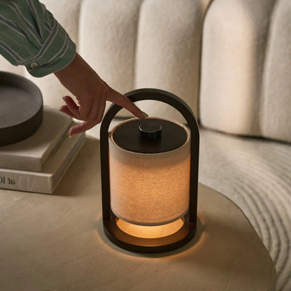 Wooden Rechargeable Table Lamp - Dark Brown Linen Blend, 100-Hour Battery