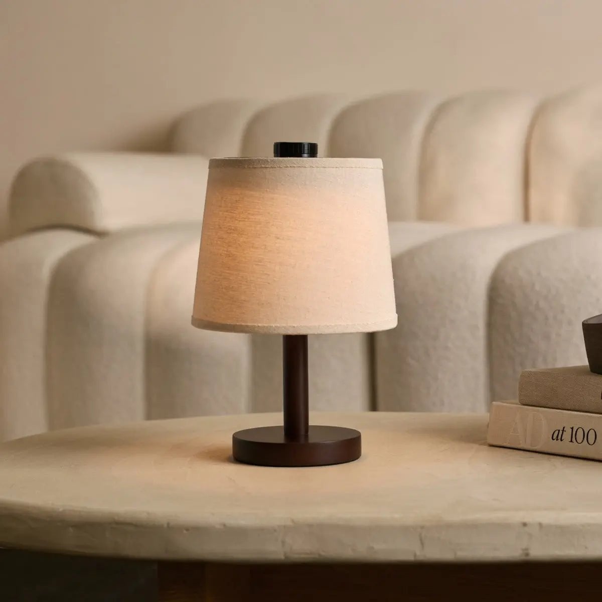 Rover Dark Brown Wooden Rechargeable Lamp | Cordless, Dimmable & Linen Blend