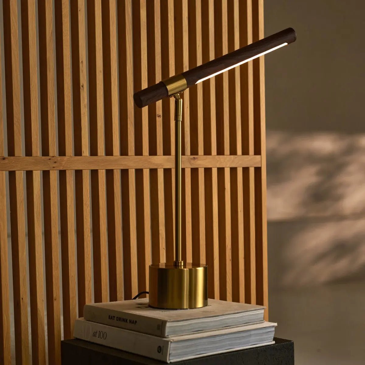 LED Table Lamp - Gold Metal & Wood, Adjustable Scandinavian Desk Light