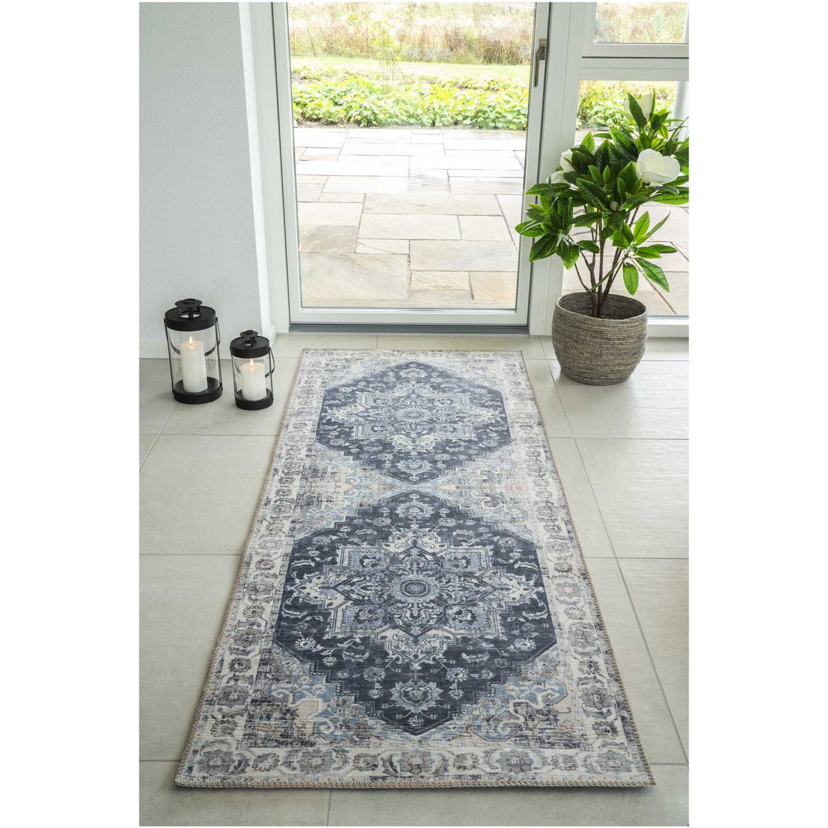 Chenille Hallway Runner - Blue Patterned Hallway Rug, 80x200 cm