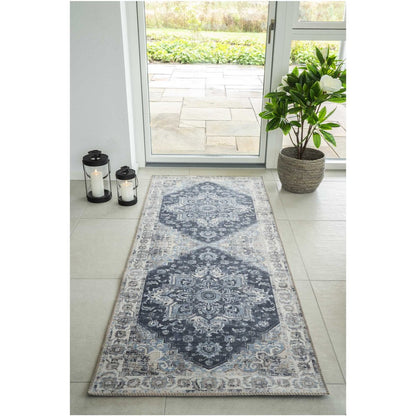 Chenille Hallway Runner - Blue Patterned Hallway Rug, 80x200 cm