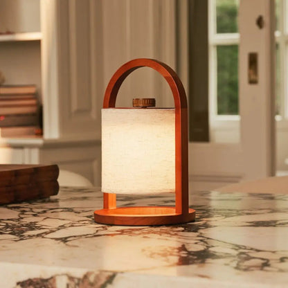 Wooden Rechargeable Table Lamp - Chestnut Brown Linen Blend, 27cm