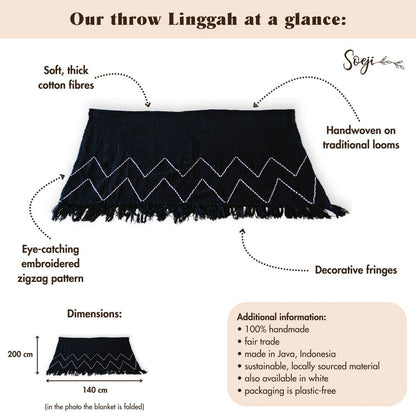 Black Throw Handwoven – Boho Bedspread – Fringes and Zigzag Pattern Plaid – Cosy Sofa Blanket – Cotton Throw 140x200 cm LINGGAH