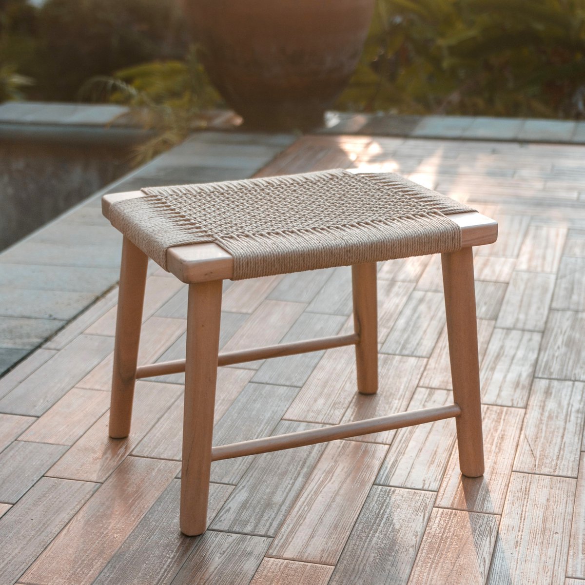 Trembesi Wood Stool – Large Woven Recycled Paper Seat