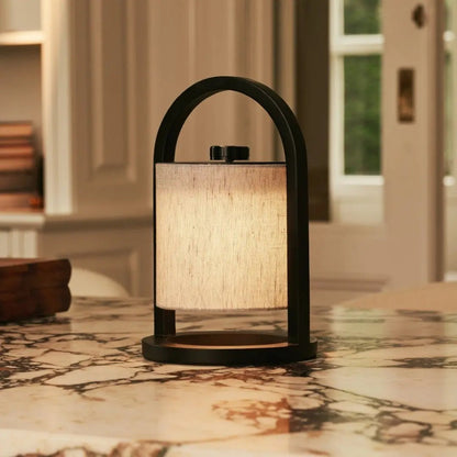 Black Wood Rechargeable Table Lamp | Linen Shade & 100-Hour Battery