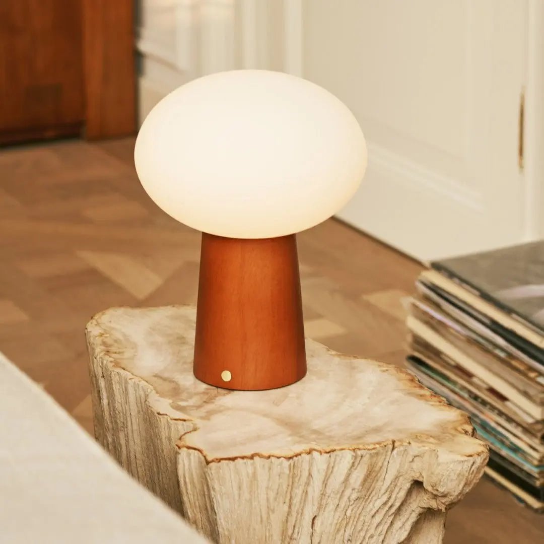 Max Chestnut Brown Wooden Cordless Table Lamp | Rechargeable, Glass, Sustainable Design