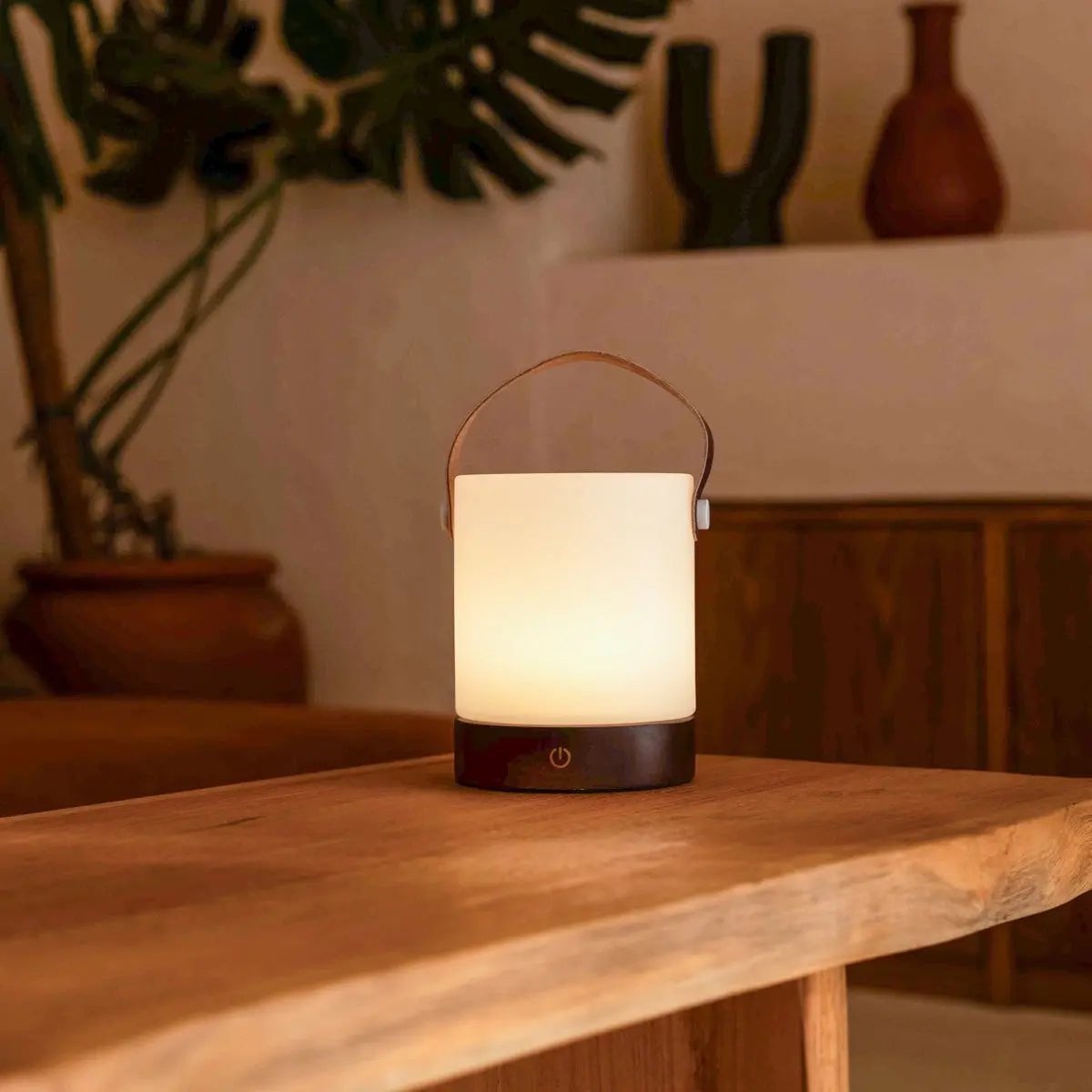Avery Dark Brown Rechargeable Wooden Table Lamp | Leather Strap, Cordless & Dimmable