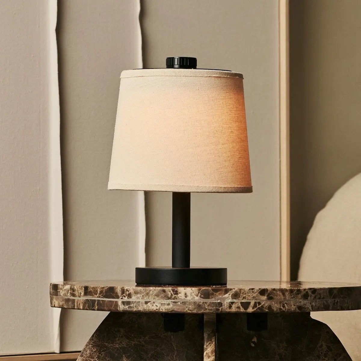Black Wooden Table Lamp - Cordless Rechargeable Linen Shade