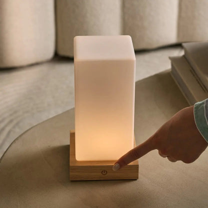 Zayn Light Brown Wooden Rechargeable Table Lamp | Dimmable, Glass & Cordless