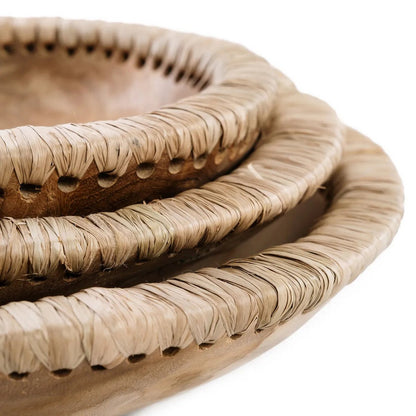 Teak Wood Bowl - Natural Raffia Decorative Bowl - Large