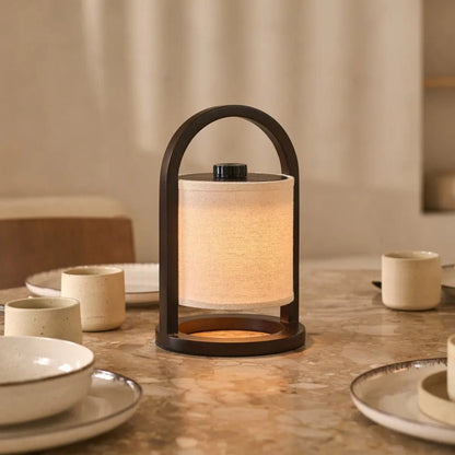Wooden Rechargeable Table Lamp - Dark Brown Linen Blend, 100-Hour Battery