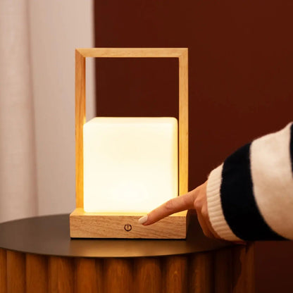 Rubberwood Table Lamp - Light Brown Cordless Dimmable Rechargeable