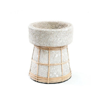 Concrete Tea Light Holder - Natural Rattan Grid Design - Medium