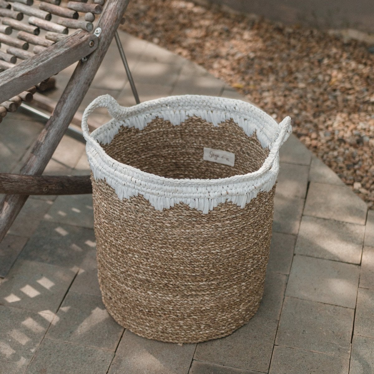 Seagrass Laundry Basket - Large Round Woven Storage Basket, White Cotton