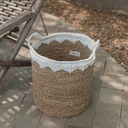 Seagrass Laundry Basket - Large Round Woven Storage Basket, White Cotton
