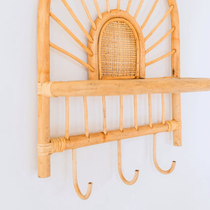 Rattan Wall Shelf with Hooks – Small Boho Hanging Shelf, 41x53 cm