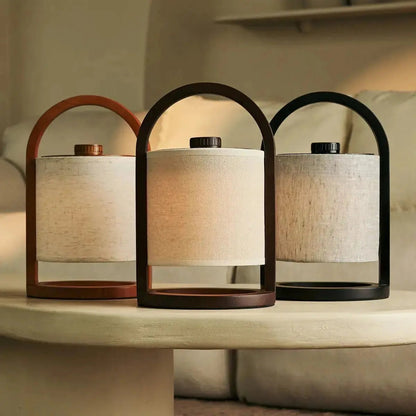 Wooden Rechargeable Table Lamp - Black & Grey Linen Blend, Cordless