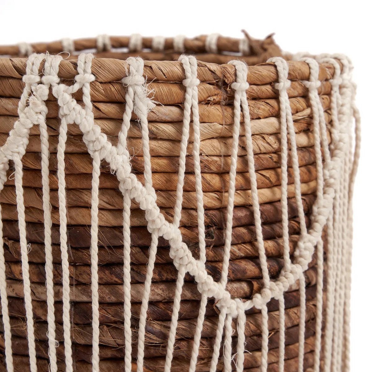 Natural Fiber Storage Basket - Large Macrame Woven Basket, Blanco