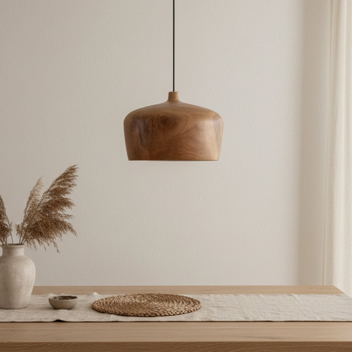 Teak Pendant Lighting Dome - Natural Wood Hanging Lamp