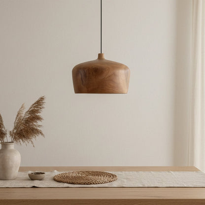 Teak Pendant Lighting Dome - Natural Wood Hanging Lamp