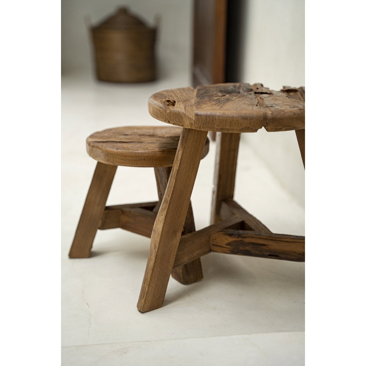 Teak Yatai Stool - Natural Wood Accent Piece - Medium
