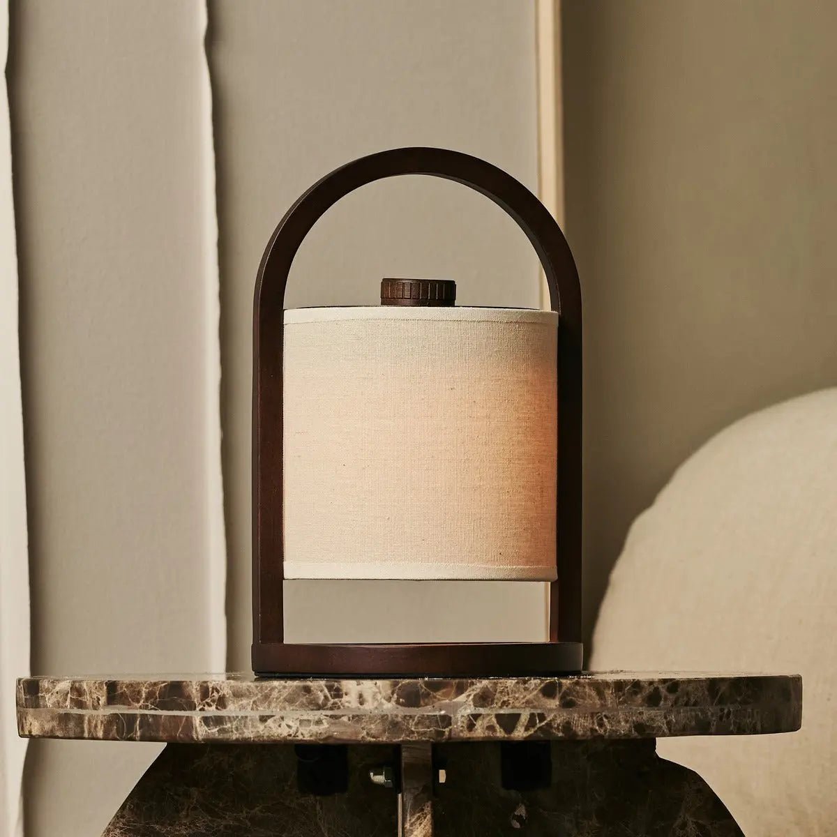 Wooden Rechargeable Table Lamp - Dark Brown Linen Blend, 100-Hour Battery
