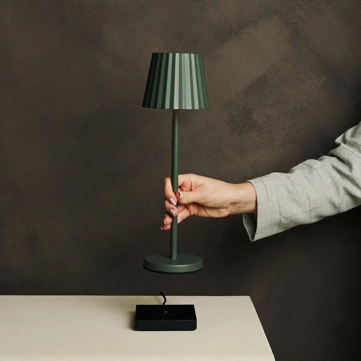 Olive Green Table Lamp - Ribbed, Rechargeable, 3 Light Modes