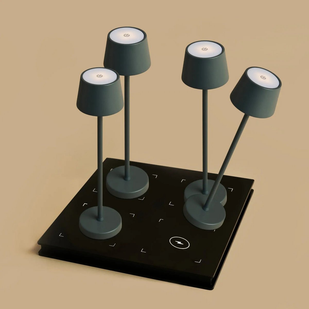 Kombi-Set Professional | 4 x Vondel Mini Stone Grey Akku-Tischleuchten & 1 x Amstel Ladestation