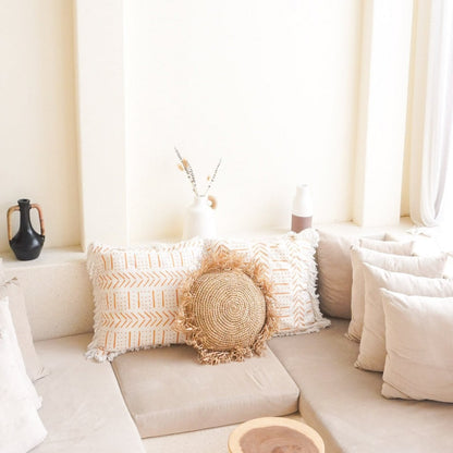 Raffia Throw Pillow - Round Boho Cushion with Fringes, 40/50 cm