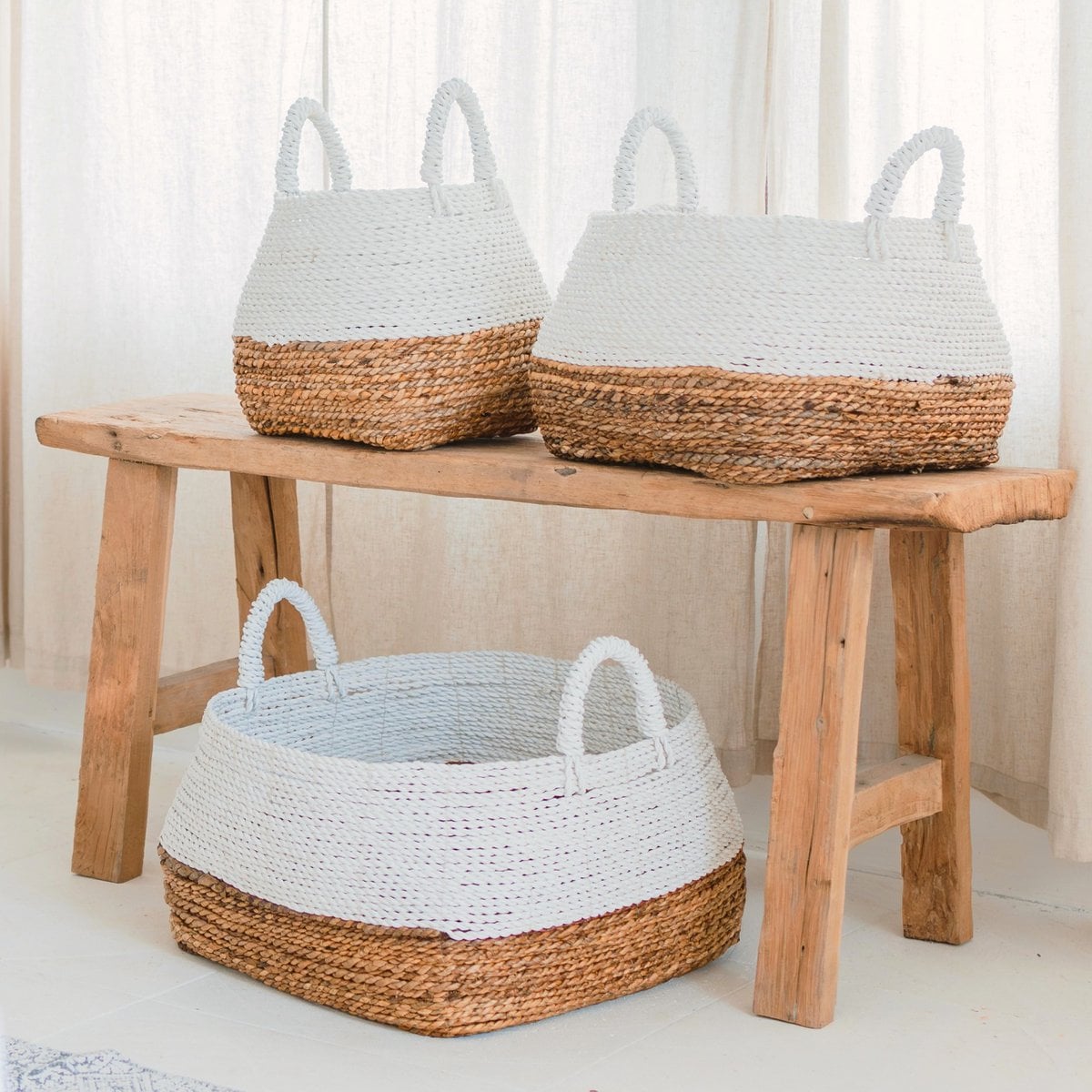 Banana Fiber Woven Storage Basket – White Boho Square Basket