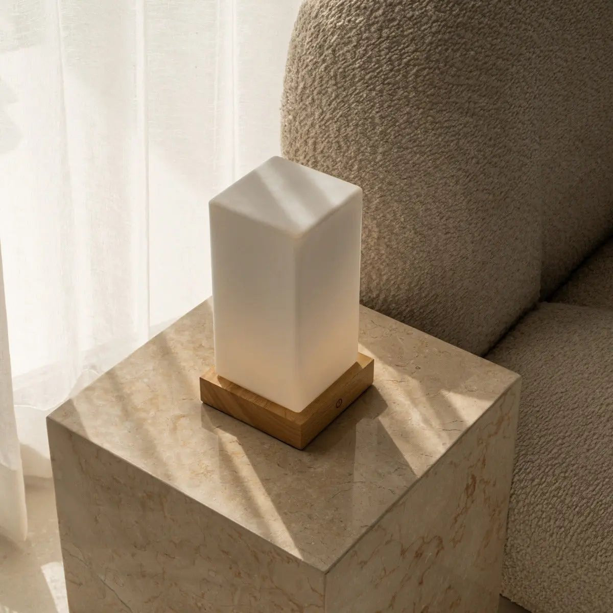 Zayn Light Brown Wooden Rechargeable Table Lamp | Dimmable, Glass & Cordless